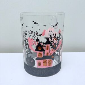 New! Goblin & Ghoul large glass hurricane candle holder w/ pink & black house